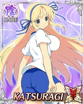  1girl :o ass blonde_hair blue_ribbon blue_shorts border breasts card_(medium) character_name from_behind game_cg green_eyes gym_uniform hair_ribbon katsuragi_(senran_kagura) large_breasts leg_up long_hair looking_back looking_down official_art pantylines ribbon senran_kagura senran_kagura_new_wave shirt shorts solo standing standing_on_one_leg third-party_source very_long_hair white_shirt 