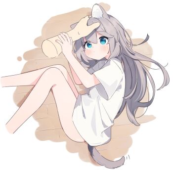  1girl 1other animal_ear_fluff animal_ears ass bare_legs blue_eyes blush closed_mouth commentary_request disembodied_hand feet_out_of_frame grey_hair hair_between_eyes headpat highres knees_together_feet_apart long_hair lying on_floor on_side original riya_(01214) shirt short_sleeves small_sweatdrop solo_focus sweat tail very_long_hair white_shirt wooden_floor 