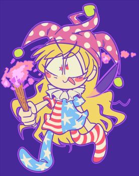  1girl absurdres american_flag_dress american_flag_legwear blonde_hair blush_stickers clownpiece fairy_wings hat highres holding holding_torch jester_cap legacy_of_lunatic_kingdom long_hair mismatched_pupils neck_ruff open_mouth polka_dot_headwear purple_hat red_eyes short_sleeves solo star_(symbol) star_print striped_clothes toon_(style) torch touhou vaikazz wings 