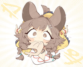  1girl :3 animal_ears bone_hair_ornament bow braid breasts brown_eyes brown_hair cleavage cocomayo29_(tomato) commentary_request dog_ears dog_girl dog_tail fang hair_ornament highres hololive inugami_korone inugami_korone_(1st_costume) korean_commentary large_breasts listener_(inugami_korone) looking_at_viewer red_bow simple_background tail twin_braids virtual_youtuber 