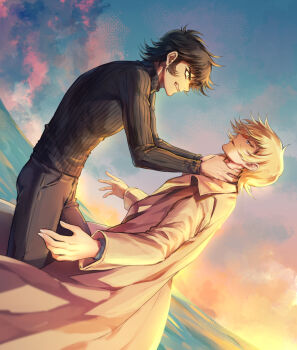  2boys araratake asuka_ryou black_hair black_pants black_shirt blonde_hair blue_eyes brown_coat coat devilman fudou_akira grimace highres long_sleeves male_focus multiple_boys ocean pants ribbed_shirt shirt short_hair strangling trench_coat 