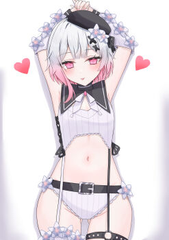  1girl absurdres armpits belt beret black_hat black_ribbon blush breasts commentary_request cowboy_shot detached_sleeves flower frills garter_straps gradient_hair hair_flower hair_ornament hat heart highres icedream looking_at_viewer mahou_shoujo_no_majo_saiban multicolored_hair o-ring o-ring_thigh_strap pink_eyes pink_hair ribbon sakuraba_ema shirt simple_background small_breasts solo stomach straight-on thigh_strap two-tone_hair white_background white_flower white_hair white_shirt x_hair_ornament 
