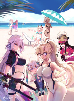  6+girls :d ;d ahoge aqua_bikini artoria_pendragon_(fate) ass back beach bikini black_bikini black_gloves black_hair blonde_hair blue_one-piece_swimsuit blue_sky bow buster_shirt_(fate) capelet cloud competition_swimsuit crossed_legs dark-skinned_female dark_skin day drink drinking_straw elbow_gloves fate/grand_order fate_(series) flower glasses gloves hair_bow hair_flower hair_ornament hands_on_own_hips hat helmet holding holding_sword holding_weapon imminent_kiss innertube jeanne_d'arc_(fate) jeanne_d'arc_(ruler)_(fate) jeanne_d'arc_(swimsuit_archer)_(second_ascension)_(fate) jeanne_d'arc_alter_(fate) jeanne_d'arc_alter_(swimsuit_berserker)_(fate) jeanne_d'arc_alter_santa_lily_(fate) jeanne_d'arc_alter_santa_lily_(summer_little)_(fate) katana koha-ace long_hair medb_(fate) medb_(swimsuit_saber)_(fate) medb_(swimsuit_saber)_(second_ascension)_(fate) multiple_girls mysterious_heroine_x_(fate) mysterious_heroine_xx_(fate) nichiru ocean oda_nobunaga_(fate) oda_nobunaga_(koha-ace) oda_nobunaga_(swimsuit_berserker)_(fate) oda_nobunaga_(swimsuit_berserker)_(first_ascension)_(fate) okita_souji_(fate) okita_souji_(koha-ace) okita_souji_alter_(fate) one-piece_swimsuit one_eye_closed open_mouth parasol pink_hair pink_legwear ponytail purple_eyes purple_hair red_eyes scathach_(fate) scathach_(fate/grand_order) scathach_(swimsuit_assassin)_(fate) sheath sheathed shirt single_thighhigh sitting sky smile swim_ring swimming swimsuit sword t-shirt thighhighs twintails umbrella v very_long_hair weapon white_bikini  rating:Sensitive score:9 user:danbooru