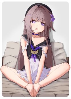  absurdres brown_hair collar dress feet feet_together hat herta_(honkai:_star_rail) highres honkai:_star_rail honkai_(series) lock navel off_shoulder open_mouth panties panty_peek purple_eyes scarf skirt underwear  rating:General score:52 user:kevinreyesc