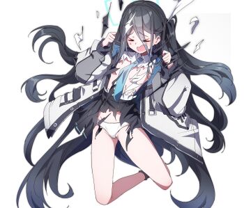  >_< 1girl absurdly_long_hair absurdres aris_(blue_archive) black_hair black_skirt blue_archive blue_halo blue_necktie blush breasts collared_shirt hair_between_eyes halo highres jacket loli long_bangs long_hair necktie no_bra one_side_up open_mouth panties shirt skirt small_breasts solo to_(tototo_tk) torn_clothes torn_shirt torn_skirt underwear very_long_hair white_jacket white_panties white_shirt 