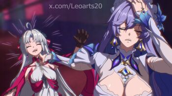  2girls absurdres black_gloves blue_flower bow breasts cantarella_(wuthering_waves) carlotta_(wuthering_waves) closed_eyes dress earrings facial_mark flower gloves grey_hair hair_between_eyes hair_bow hair_flower hair_ornament hairband headdress highres jacket jewelry large_breasts leoarts20 long_hair mark_under_eye meme multiple_girls naoya_hitting_choso_without_looking_(meme) pink_bow pink_jacket poking purple_hair shrug_(clothing) very_long_hair white_dress white_shrug wuthering_waves 