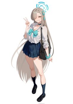  asuna_(blue_archive) asuna_(school_uniform)_(blue_archive) bag black_shoes blonde_hair blue_archive blue_eyes blue_halo blue_ribbon blue_skirt blue_socks breasts choker commentary_request halo highres hongcasso large_breasts long_hair partially_unbuttoned ribbon school_uniform scrunchie shoes shoulder_bag skirt smile socks v 