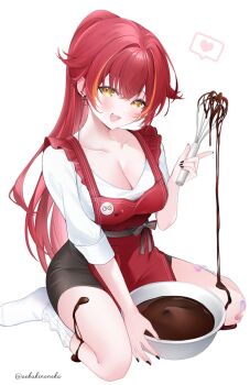  1girl apron bandaid bandaid_on_leg black_nails bowl breasts chocolate chocolate_making chocolate_on_body chocolate_on_legs cleavage commentary_request fang food_on_body full_body hand_up heart holding holding_whisk long_hair looking_at_viewer multicolored_hair neko_neneko nekota_tsuna open_mouth orange_hair ponytail red_apron red_hair shirt simple_background skirt sleeves_rolled_up smile socks solo spoken_heart streaked_hair twitter_username virtual_youtuber vspo! whisk white_background white_shirt white_socks yellow_eyes 
