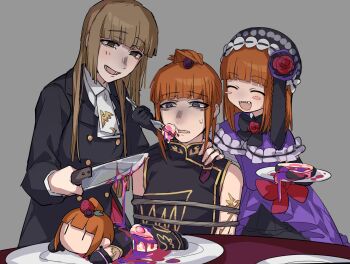  3girls :d ^_^ arm_tattoo ascot black_coat black_eyes black_hat black_skirt bound bow brown_eyes brown_hair cake capelet china_dress chinese_clothes closed_eyes coat commentary_request dress dress_bow dual_persona eva_beatrice feeding flower food force-feeding fork fruit hair_bun hat holding holding_fork kitchen_knife knife multiple_girls ningenimomusi open_mouth orange_hair purple_capelet purple_dress red_flower red_rose rose skirt smile strawberry sweatdrop tattoo tied_up_(nonsexual) turn_pale umineko_no_naku_koro_ni ushiromiya_eva white_ascot 