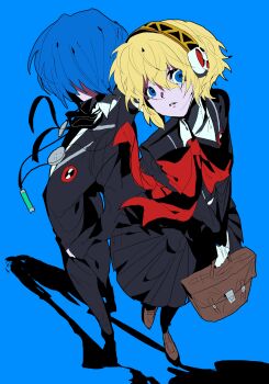  1boy 1girl absurdres aigis_(persona) bag black_jacket black_pants black_skirt blonde_hair blue_background blue_eyes blue_hair bow bowtie brown_bag brown_shoes full_body gekkoukan_high_school_uniform headset highres holding holding_bag jacket loafers looking_at_viewer pants parted_lips persona persona_3 red_bow red_bowtie school_uniform shadow shoes simple_background skirt waka_o3o yuuki_makoto_(persona_3) 