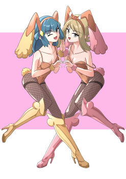  2girls :d ;d absurdres alternate_costume animal_ear_hairband animal_ears bare_shoulders blue_hair boots breasts brown_hair brown_leotard cleavage collarbone commentary_request covered_navel dawn_(pokemon) eyelashes fake_animal_ears fake_tail fishnet_pantyhose fishnets full_body gen_4_pokemon grey_eyes hair_ornament hairband hairclip heart heart_hands heart_hands_duo high_heel_boots high_heels highres korean_commentary leotard long_hair looking_at_viewer lopunny may_(pokemon) multiple_girls nintendo one_eye_closed open_mouth pantyhose pink_boots playboy_bunny pokemon pokemon_dppt pokemon_oras rabbit_ear_hairband rabbit_ears rabbit_tail short_hair small_breasts smile strap_slip sunin_(gmnh3342) tail thigh_boots yellow_boots 