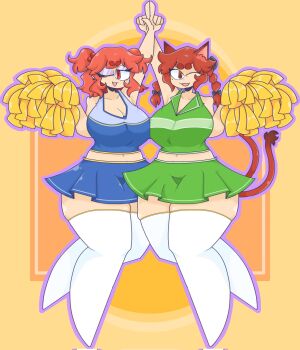  2girls ;d alternate_costume arm_up blue_shirt blue_skirt braid breasts cheerleader cleavage collarbone commentary commission fang full_body green_shirt green_skirt hair_bobbles hair_ornament highres index_finger_raised kaenbyou_rin large_breasts looking_at_viewer mccum69 mole mole_under_eye multiple_girls navel one_eye_closed onozuka_komachi open_mouth pom_pom_(cheerleading) red_eyes red_hair shirt side_braids skin_fang skirt smile thighhighs touhou twin_braids two_side_up white_thighhighs yellow_background  rating:Sensitive score:1 user:azezizozuz