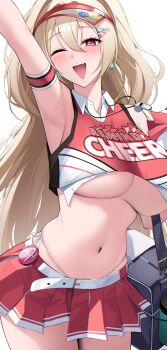 1girl ;d absurdres arm_strap arm_up armpits badge bag bare_shoulders belt belt_buckle blonde_hair blush bottle breasts buckle button_badge buttons cheerleader clay_(nikke) clothes_writing collared_shirt commentary cowboy_shot crop_top earrings fang goddess_of_victory:_nikke hair_between_eyes hair_ornament hairclip highleg highleg_panties highres jewelry large_breasts long_bangs long_hair looking_at_viewer midriff miniskirt navel no_bra one_eye_closed open_mouth outstretched_arm panties panty_straps pink_eyes pleated_skirt pom_pom_(cheerleading) red_shirt red_skirt shirt shoulder_bag side-tie_panties simple_background skirt sleeveless sleeveless_shirt smile smiley_face solo standing stomach string_panties tassel tassel_earrings teeth towel two-tone_shirt two_side_up unbuttoned underboob underwear upper_teeth_only very_long_hair visor_cap whistle whistle_around_neck white_background white_belt white_panties white_shirt ziroqon rating:Sensitive score:28 user:danbooru
