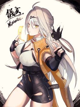  1girl ahoge asymmetrical_gloves bird bird_on_hand black_bird black_gloves black_unitard breasts character_name cleavage commentary_request cowboy_shot elbow_gloves from_side gloves hair_between_eyes hair_ornament hairpin highres holding holding_ofuda ink jacket large_breasts long_hair looking_at_viewer mirimiri21 ofuda open_mouth single_elbow_glove single_hair_intake solo twitter_username uneven_gloves white_background white_hair yellow_eyes yellow_jacket yin_yang_pin yixuan_(zenless_zone_zero) zenless_zone_zero 