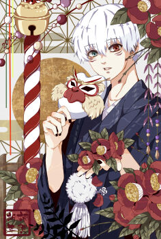  1boy 2016 black_kimono black_nails blue_eyes character_request check_character collarbone commentary_request flower flower_request hair_between_eyes heterochromia highres holding holding_flower holding_mask japanese_clothes kaneki_ken kimono kouhaku_nawa looking_at_viewer male_focus mark_under_both_eyes mask parted_lips print_kimono red_eyes red_flower rope shimenawa shishi_(eai_make) short_hair solo tokyo_ghoul upper_body white_hair 