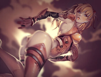  1girl adapted_costume armpits ass blue_eyes blurry blush bracer breasts breasts_apart depth_of_field derivative_work elbow_gloves female_focus from_side gloves hair_ornament highleg highleg_leotard huge_ass interface_headset_(evangelion) leotard looking_at_viewer mecha_pilot_suit medium_breasts neon_genesis_evangelion orange_hair outdoors plugsuit_(evangelion) red_thighhighs shiny_skin solo souryuu_asuka_langley standing standing_on_one_leg thighhighs thighs two_side_up wide_hips yeedee  rating:Sensitive score:24 user:danbooru