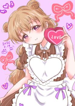  1girl apron blush box brown_dress chochan0806 closed_mouth commentary_request cowboy_shot dated double_bun dress frilled_apron frills gift hair_bun heart-shaped_box heart_apron highres holding holding_gift konoe_kanata looking_at_viewer love_live! love_live!_nijigasaki_high_school_idol_club low_twintails multi-tied_hair pinstripe_dress pinstripe_pattern puffy_short_sleeves puffy_sleeves purple_background short_sleeves smile solo split_mouth twintails valentine waist_apron white_apron 
