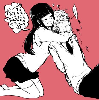  1boy 1girl assertive_female black_hair black_necktie bound bound_wrists closed_eyes commentary_request femdom happy heart hug misono_(msn_png) monochrome necktie open_mouth original red_background scared shaking short_hair skirt sweater_vest thighhighs translation_request vest zettai_ryouiki  rating:Sensitive score:15 user:danbooru