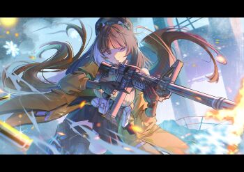 1girl absurdres arbiterlewd black_hat colt_9mm_smg firing girls'_frontline girls'_frontline_2:_exilium gun hat heterochromia highres jacket long_hair multicolored_hair one_eye_closed ro635_(girls'_frontline) robella_(girls'_frontline_2) shell_casing skirt sleeveless sleeveless_sweater solo submachine_gun sweater vertical-striped_sweater very_long_hair weapon yellow_jacket 