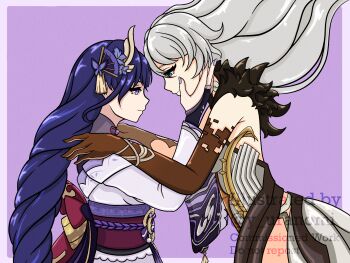  +_+ 2girls artist_name asmoday_(genshin_impact) back_bow bare_shoulders black_fur blue_eyes blunt_bangs bow braid bridal_gauntlets closed_mouth colored_skin couple fan_hair_ornament floating_hair from_side fur_trim genshin_impact grey_hair hair_between_eyes hair_floating_upwards hair_ornament hands_on_another's_cheeks hands_on_another's_face hands_on_another's_shoulders highres japanese_clothes kimono leaning_forward long_braid long_hair looking_at_another looking_down looking_up multicolored_skin multiple_girls purple_background purple_eyes purple_hair purple_kimono purple_nails raiden_shogun red_sash sash single_braid star-shaped_pupils star_(symbol) symbol-shaped_pupils two-tone_skin upper_body watermark yuranomi yuri 