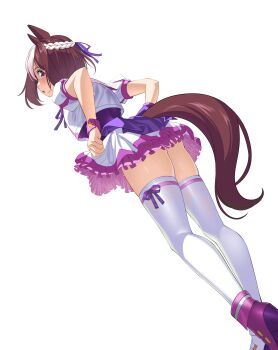 1girl absurdres animal_ears asymmetrical_footwear blush bob_cut braid brown_hair cropped_jacket dutch_angle feet_out_of_frame frilled_skirt frills from_behind from_below half_up_braid highres horse_ears horse_girl horse_tail jacket looking_at_viewer looking_back multicolored_hair nyanmaru open_mouth pink_shoes pink_wrist_cuffs puffy_short_sleeves puffy_sleeves purple_eyes purple_ribbon ribbon shirt shoes short_hair short_sleeves simple_background skirt solo special_week_(special_dreamer)_(umamusume) special_week_(umamusume) sweat tail thighhighs two-tone_hair umamusume vest white_background white_hair white_shoes wrist_cuffs zettai_ryouiki rating:Sensitive score:20 user:danbooru