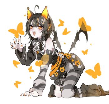  1girl ahoge all_fours animal_ear_headphones animal_ears bat_wings belt black_belt black_hair black_sweater bug butterfly cat_ear_headphones cat_ears claw_pose detached_sleeves fake_animal_ears full_body hand_up hashtag-only_commentary headphones highres insect leg_warmers long_hair long_sleeves looking_at_viewer low_wings mahou_shoujo_no_majo_saiban meehshika multicolored_hair nail_polish open_mouth orange_eyes sawatari_coco sharp_teeth smile solo streaked_hair striped_sleeves sweater teeth thigh_belt thigh_strap wings yellow_butterfly 