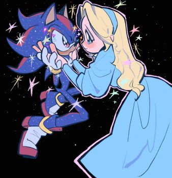  1boy 1girl black_background blonde_hair blue_dress blue_eyes blue_hairband blush commentary dress english_commentary furry furry_male furry_with_non-furry hairband hands_on_another's_cheeks hands_on_another's_face hedgehog_boy highres holding_hands interspecies long_hair looking_at_another maria_robotnik parted_bangs red_eyes shadow_the_hedgehog smile sonic_(series) vafourstar 