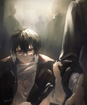  2boys aged_down akutagawa_ryuunosuke_(bungou_stray_dogs) bandaged_arm bandages black_coat black_hair bungou_stray_dogs child closed_mouth coat colored_tips commentary_request dirty dirty_face hair_between_eyes hiba_riko looking_at_viewer male_focus multicolored_hair multiple_boys poverty red_eyes shirt short_hair standing twitter_username two-tone_hair white_hair white_shirt 