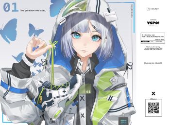  .akuma 1girl alternate_costume blue_eyes blue_nails collared_shirt earclip earrings hair_ornament hairpin hashtag-only_commentary highres hood hood_up hooded_jacket jacket jewelry kaga_sumire looking_at_viewer medium_hair name_tag open_clothes open_jacket portrait shirt shoes solo swept_bangs unworn_shoes virtual_youtuber vspo! white_hair white_jacket 