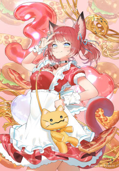  1girl akami_karubi animal_ears apron artist_name bacon blue_eyes bow bowtie burger closed_mouth collar crazy_raccoon dress fang food highres looking_at_viewer red_dress red_hair red_tail ryota-h solo stuffed_animal stuffed_toy tail v virtual_youtuber waist_apron wrist_cuffs  rating:General score:1 user:dbdbqpqp