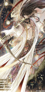  1boy abs absurdres aiming ancient_egyptian bird black_collar black_hair body_chain bow_(weapon) bracer chinese_commentary circlet coat collar commentary_request drawing_bow feather_necklace feet_out_of_frame floating_hair gem green_eyes hair_over_one_eye hieroglyphics highres holding holding_bow_(weapon) holding_weapon jewelry light_particles long_hair looking_to_the_side love_and_deepspace magic_circle male_focus multiple_rings necklace no_shirt one_eye_covered open_clothes open_coat parted_lips pectorals pillar red_gemstone red_ribbon refraction ribbon ring shendyt snow234 solo standing swallow_(bird) three-quarter_sleeves toned toned_male very_long_hair weapon white_coat zayne_(love_and_deepspace) 