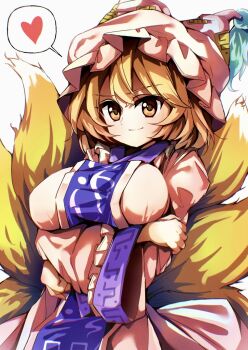  1girl blonde_hair breasts closed_mouth commentary_request cowboy_shot crossed_arms dress fox_tail frilled_sleeves frills hand_on_own_arm hat heart highres kitsune koxapfi4jyljb0d kyuubi large_breasts long_sleeves looking_at_viewer mob_cap multiple_tails purple_tabard purple_trim short_hair simple_background smile solo speech_bubble spoken_heart standing tabard tail touhou white_background white_dress white_hat wide_sleeves yakumo_ran yellow_eyes 