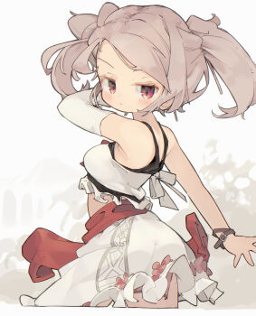  1girl absurdres bare_shoulders blush breasts closed_mouth commentary cropped_legs dated_commentary dress elbow_gloves gloves highres looking_at_viewer looking_back nep_(nep_76) original pink_hair red_eyes short_hair single_elbow_glove sleeveless sleeveless_dress small_breasts solo twintails white_dress white_gloves 