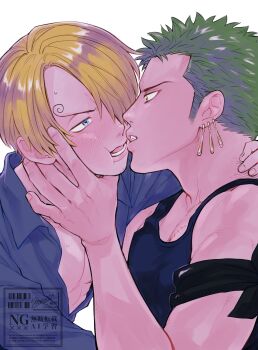  2boys bandana bandana_around_arm black_bandana black_shirt blonde_hair blue_eyes blue_shirt collared_shirt commentary_request cott100 green_hair hair_over_one_eye hand_on_another's_face hand_on_another's_neck highres imminent_kiss male_focus medium_sideburns multiple_boys one_eye_covered one_piece open_clothes open_shirt parted_hair roronoa_zoro sanji_(one_piece) shirt sideburns simple_background tank_top upper_body watermark white_background wing_collar yaoi 
