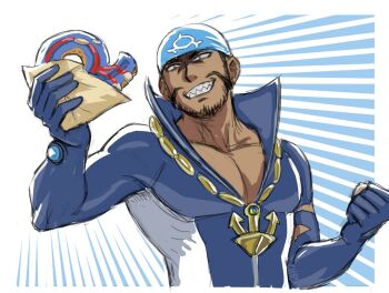  1boy archie_(pokemon) bandana beard black_hair blue_bandana chips_n_cookies clenched_hand commentary dark-skinned_male dark_skin donut english_commentary facial_hair food holding holding_donut holding_food male_focus mega_stone nintendo pokemon pokemon_legends:_z-a pokemon_oras sharp_teeth smile solo teeth upper_body 