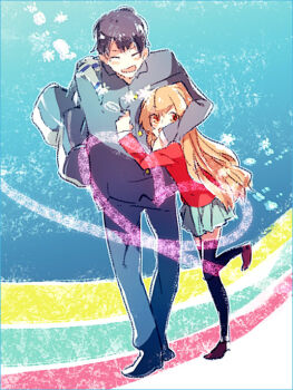  00s 1boy 1girl aisaka_taiga black_hair black_thighhighs chiko_(beroro) couple hetero long_hair rainbow rainbow_path takasu_ryuuji thighhighs toradora! 