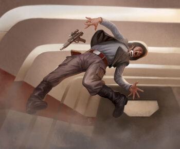 1boy black_boots black_vest blue_shirt boots grey_pants gun helmet highres javier_charro male_focus open_clothes open_mouth open_vest pain pants rebel_soldier_(star_wars) shirt solo spacecraft_interior star_wars star_wars:_a_new_hope telekinesis vest weapon