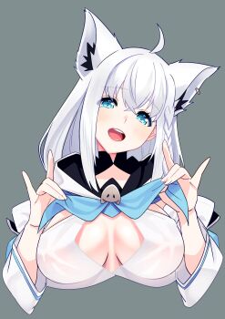  1girl animal_ear_fluff animal_ear_piercing animal_ears blue_eyes blue_neckerchief braid breasts center_opening commentary_request cropped_torso detached_sleeves double_fox_shadow_puppet fox_ears fox_girl fox_shadow_puppet grey_background highres hololive hood hood_down lifting_own_clothes long_hair long_sleeves looking_at_viewer medium_breasts neckerchief open_mouth shirakami_fubuki shirakami_fubuki_(1st_costume) side_braid simple_background solo teeth upper_teeth_only virtual_youtuber white_hair zabudog777 