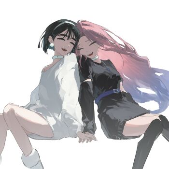  2girls absurdres alien_stage anzu_silver arm_warmers belt black_arm_warmers black_dress black_hair black_socks blue_belt choker closed_eyes commentary dress earrings highres invisible_chair jewelry kneehighs long_hair long_sleeves mizi_(alien_stage) multiple_girls open_mouth short_sleeves sitting smile socks sua_(alien_stage) very_long_hair white_background white_choker white_dress 