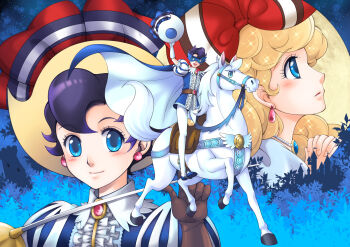  1girl arm_up black_hair blonde_hair blue_cape blue_eyes blue_shoes brown_gloves cape closed_mouth commentary_request earrings eye_mask eyelashes gloves highres holding horseback_riding jewelry long_hair mask misuzu_aki multiple_views own_hands_clasped own_hands_together pantyhose princess_sapphire puff_and_slash_sleeves puffy_sleeves red_shirt ribbon_no_kishi riding shirt shoes short_hair sparkle white_gloves white_horse white_pantyhose 