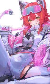  1girl absurdres animal_ears blush bodysuit boots braid breasts cat_ears closed_mouth commentary_request cone_hair_bun covered_navel double-parted_bangs double_bun fake_animal_ears gloves goggles goggles_on_head grey_bodysuit hair_between_eyes hair_bun highres holding holding_weapon jacket kama_boko17 large_breasts licking_lips long_hair long_sleeves looking_at_viewer multicolored_hair nekota_tsuna nekota_tsuna_(5th_costume) official_alternate_costume orange_streaks partially_unzipped red_hair simple_background single_braid sitting smile solo spread_legs streaked_hair tail thigh_boots tongue tongue_out virtual_youtuber vspo! weapon white_background white_boots white_gloves white_jacket yellow_eyes zipper zipper_pull_tab 