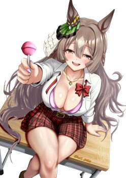  1girl absurdres amesuku_gyaru animal_ears blush bow bowtie bra braid breasts brown_eyes brown_hair candy cleavage collared_shirt commentary_request crossed_legs desk double-parted_bangs ear_ornament food gyaru hair_between_eyes half_up_braid highres holding holding_candy holding_food holding_lollipop horse_ears horse_girl horse_tail jewelry kogal large_breasts lollipop long_hair long_sleeves looking_at_viewer multicolored_hair necklace on_desk open_mouth pink_bra pink_nails plaid_clothes plaid_skirt pocotas red_bow red_bowtie satono_diamond_(umamusume) shirt sitting skirt smile solo streaked_hair tail teeth umamusume underwear upper_teeth_only very_long_hair white_shirt 