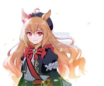  1girl ahoge animal_ears beret black_hat black_jacket bow brooch brown_hair center_frills closed_mouth commentary_request cropped_jacket frills hair_between_eyes hat horse_ears jacket jewelry juliet_sleeves long_hair long_sleeves looking_at_viewer mizuki_riko open_clothes open_jacket puffy_sleeves red_bow red_eyes royal_family_(the_royal_family) shirt simple_background smile solo striped_bow the_royal_family_(tv_series) very_long_hair watermark white_background white_shirt 