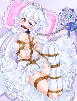1girl arms_behind_back ass azur_lane back backless_dress backless_outfit ball_gag bare_back bare_shoulders bdsm blue_eyes blush bondage bound bound_ankles bound_arms bound_legs bound_thighs bound_torso bound_wrists breasts bridal_gauntlets bridal_veil chain chain_leash chained collar crotch_rope dimples_of_venus dress flower from_behind full_body gag gagged hair_ornament highres hogtie illustrious_(azur_lane) illustrious_(morning_star_of_love_and_hope)_(azur_lane) kneehighs leash long_hair looking_at_viewer looking_back medium_breasts mole mole_under_eye mukanata official_alternate_costume panties restrained rope rose shibari shibari_over_clothes slave socks solo thighs tiara tri_tails underwear veil wedding_dress white_dress white_flower white_hair white_panties white_rose white_socks rating:Questionable score:60 user:danbooru