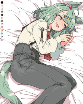  1girl animal_ears bed_sheet black_pants hair_ornament hairclip horse_ears horse_girl horse_tail long_sleeves lying necktie on_side open_mouth pants purple_eyes red_necktie shirt short_hair solo sugar_lights_(umamusume) suspenders tail toriga_naku umamusume white_shirt 