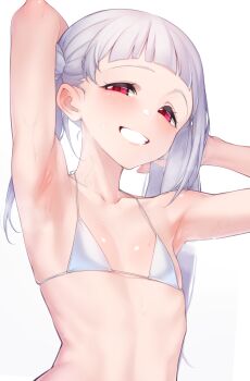 1girl :d arashi_chisato armpit_focus armpit_lips armpits arms_up bikini blunt_bangs blush collarbone double_bun ear_blush flat_chest grey_hair grin hair_bun highres long_hair love_live! love_live!_superstar!! nasuno_(nasuno42) open_mouth parted_lips red_eyes simple_background smile solo steaming_body sweat swimsuit teeth twintails upper_body white_background white_bikini rating:Sensitive score:53 user:danbooru