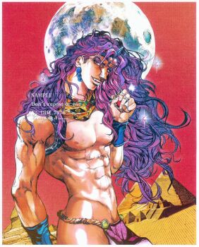  1boy abs battle_tendency bracer dim_7976 earrings faux_traditional_media full_moon gem hashtag-only_commentary headband highres holding holding_jewelry holding_necklace horns jewelry jojo_no_kimyou_na_bouken kars_(jojo) loincloth long_hair male_focus manly moon necklace pelvic_curtain purple_hair pyramid_(structure) red_gemstone red_stone_of_aja revealing_clothes smile solo sparkle toned toned_male topless_male traditional_media wavy_hair 