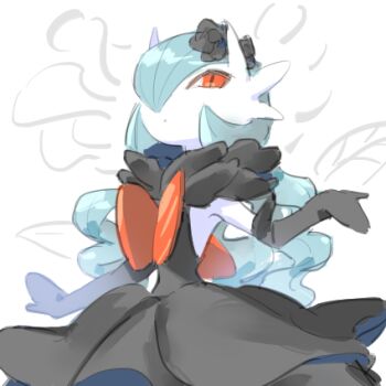  alternate_color black_dress black_flower black_gloves blue_hair bob_cut colored_skin commentary dress elbow_gloves flower gardevoir gen_3_pokemon gloves hair_flower hair_ornament hair_over_one_eye long_hair lowres mega_gardevoir mega_pokemon nintendo orange_eyes pokemon pokemon_(creature) raine_(acke2445) shiny_pokemon strapless strapless_dress untranslatable_commentary white_skin 