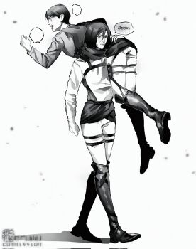  1boy 1girl arm_around_waist artist_name boots carrying_over_shoulder clenched_hand commentary commission english_commentary eren_yeager facial_scar full_body greyscale hair_between_eyes highres keruwich knee_boots mikasa_ackerman monochrome open_mouth pants paradis_military_uniform scar scar_on_cheek scar_on_face shingeki_no_kyojin shirt short_hair shouting three-dimensional_maneuver_gear vgen_commission white_background white_pants white_shirt 