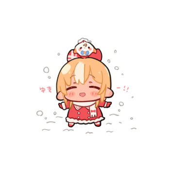  1girl :d ^_^ blush_stickers bow brown_hair chibi closed_eyes facing_viewer full_body fur-trimmed_jacket fur_trim gloves hair_bow hololive jacket long_sleeves multicolored_hair on_head open_mouth pointy_ears red_bow red_gloves red_jacket red_shoes sasaki_(glass1138) shiranui_flare shoes smile snow snowing solo standing streaked_hair translation_request virtual_youtuber white_background white_hair 